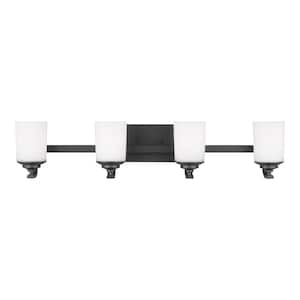 Kemal 34 in. 4-Light Matte Black Traditional Wall Bathroom Vanity Light with Etched White Glass Shades