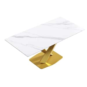 70.87 in. Rectangle White Sintered Stone Tabletop Dining Table with Gold Carbon Steel Base (Seats 8)