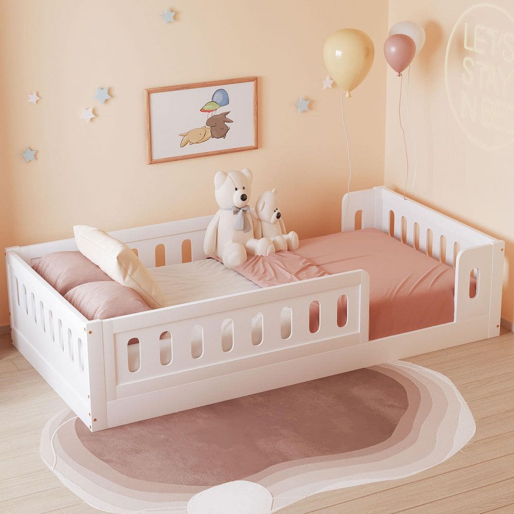 Agnes White Twin Size Platform Bed, Kids Bed with Guardrail