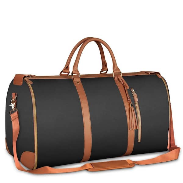 Black Carry On Garment Bag, Large PU Leather Foldable Travel Bag with Shoe Pouch, 2 in 1 Hanging Suitcase