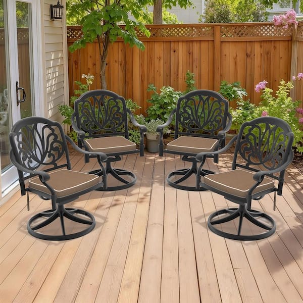 Black 4-Piece Cast Aluminum Outdoor Swivel Rocking, Patio Swivel Dining Chairs High Back with Brown Cushion For Backyard