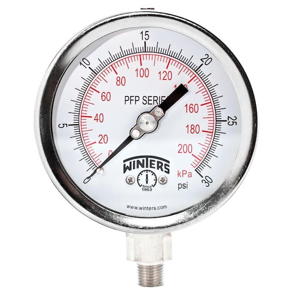 Winters Instruments PFP Series 4 in. Stainless Steel Liquid Filled Case Pressure Gauge with 1/4 in. NPT LM and Range of 0-30 psi/kPa