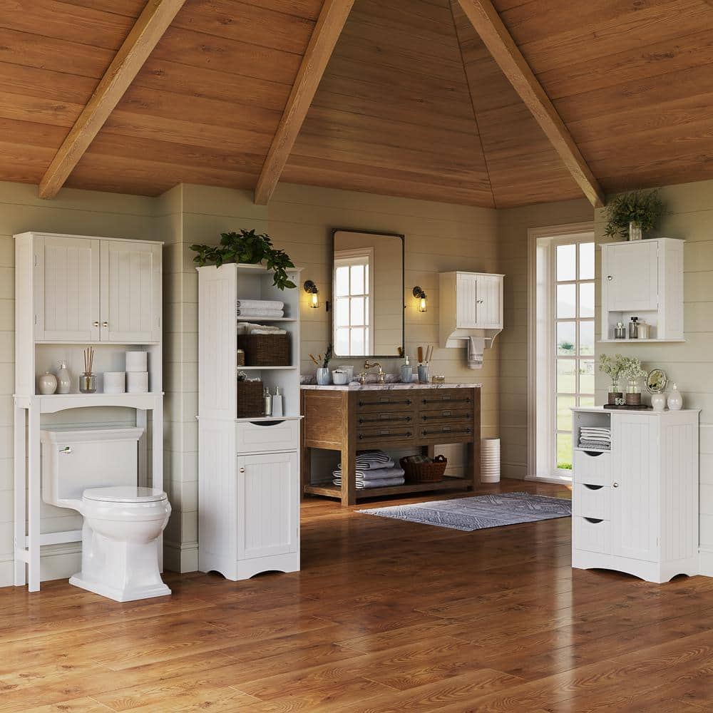 White Wall-Mounted Two-Door Medicine Cabinet with Towel Bar