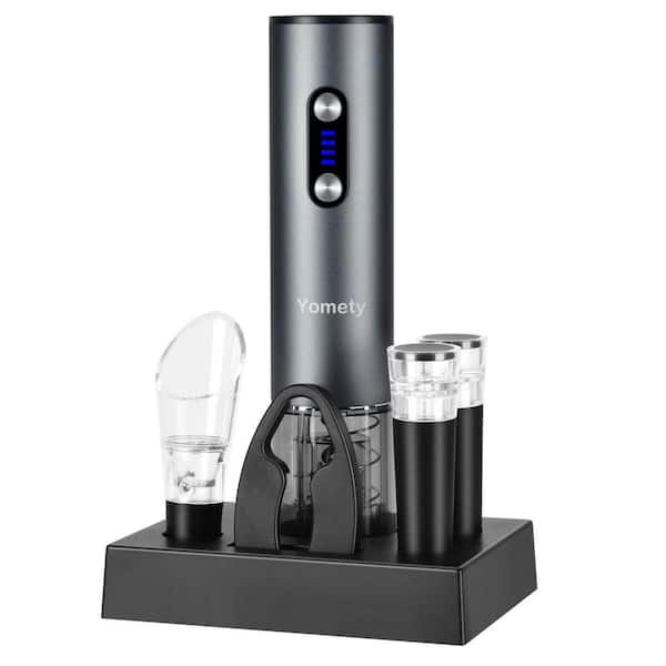 Numhew Gray Rechargeable Electric Wine Bottle Opener Set with Base, Wine Stoppers, Foil Cutter, 2-in-1 Aerator and Pourer
