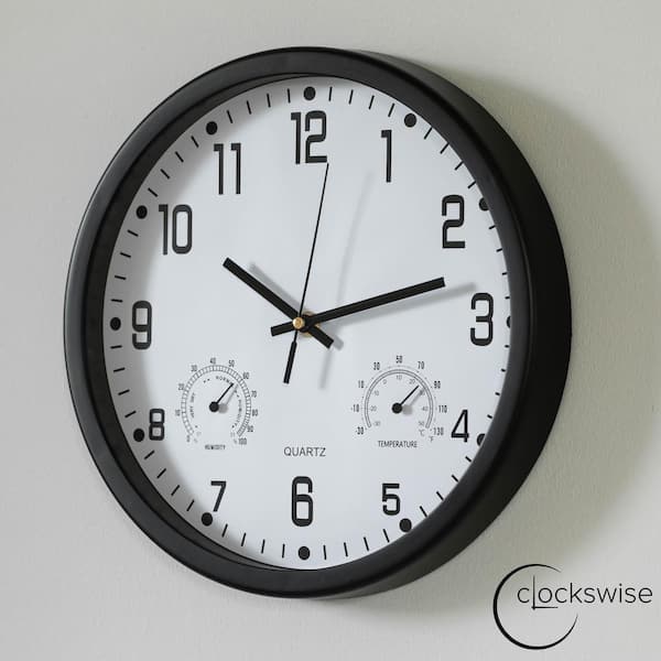 CLOCKSWISE 12 in. Non-Ticking Wall Clock Thermometer, Hygrometer