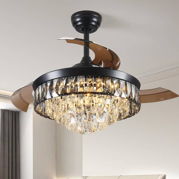 42 in. Indoor Black Integrated LED Crystal Retractable Ceiling Fan With Light Kit and Remote Control