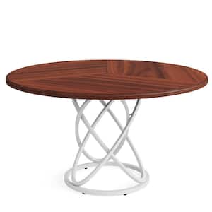 Halseey Modern Light Walnut White Round Wood 47 in. Metal Pedestal Base Dining Table for 4, Circle