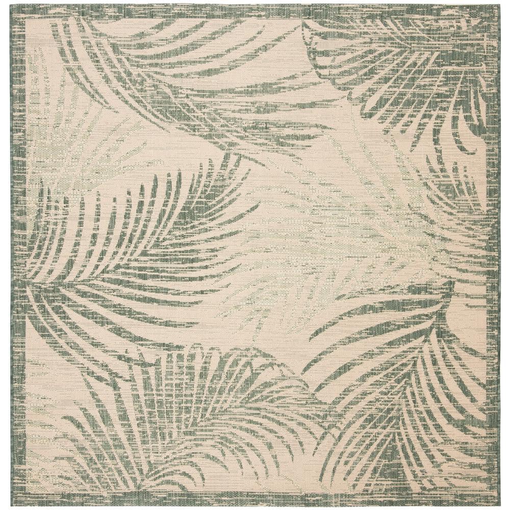 Beige and Green Square Palm Leaf Indoor/Outdoor Rug