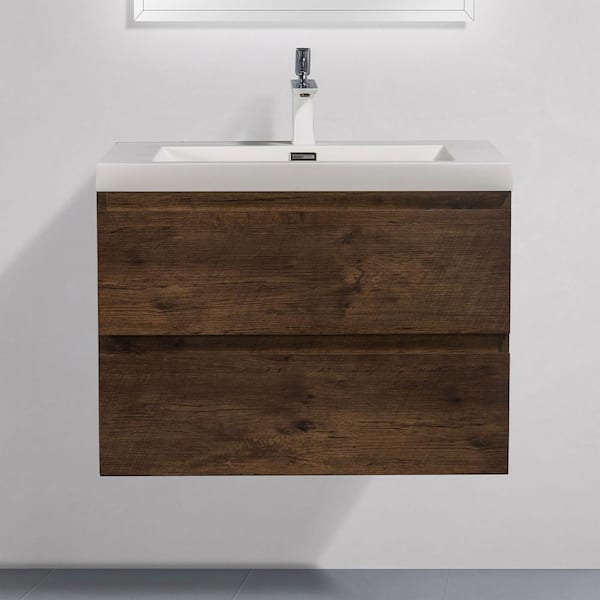 Alice 30 in. W x 20 in. D x 22 in. H Single Floating Bathroom Vanity in Rosewood with Solid Surface Sink Top in White
