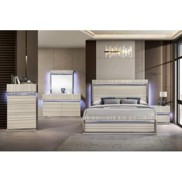 Modern 5PC Queen Bed with LED Mirror & Linear Detailing