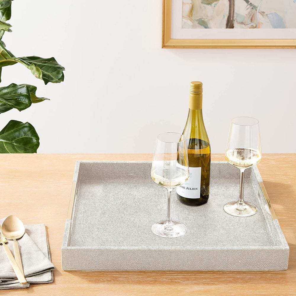 White and Gray Textured Square Tray with Silver Handles