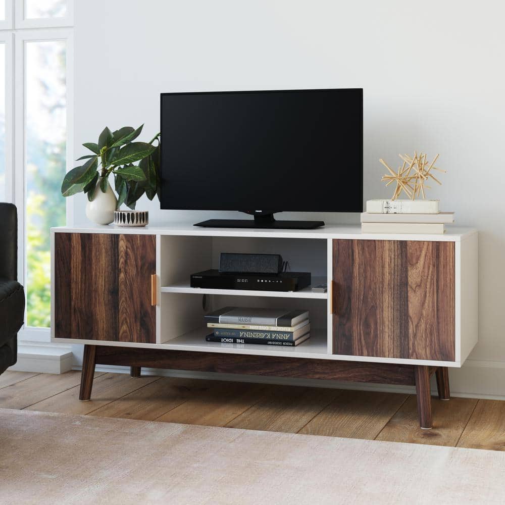 Nathan James Wesley 43 in. White and Walnut Particle Board TV Stand Fits TVs Up to 40 in. with