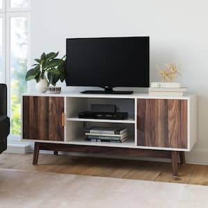 Wesley 43 in. White and Walnut Particle Board TV Stand Fits TVs Up to 40 in. with Storage Doors