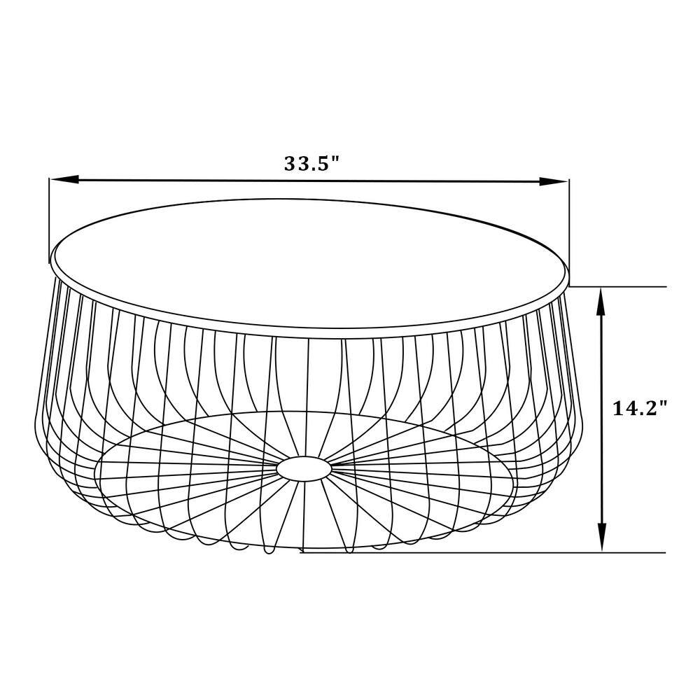 Natural Wood Round Coffee Table with Black Metal Wire Base