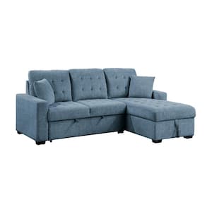 Rupert 86 in. Straight Arm 2-Piece Fabric Sectional Sofa with Right Chaise, Pull-Out Bed and Hidden Storage in Blue