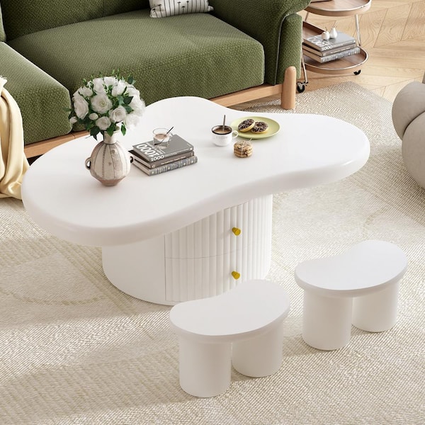 38.2 in. White Specialty Cloud Shape Wood Coffee Table Set of 3-with 2-Drawers, 2-Small Stools