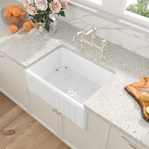 White Ceramic 24 in. Single Bowl Round Corner Farmhouse Apron Kitchen Sink with Drainer