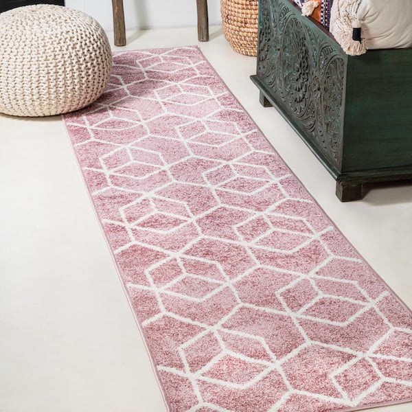 Tumbling Blocks Rose/White 2 ft. x 8 ft. Modern Geometric Area Rug