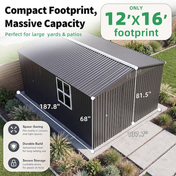 12 ft. W x 16 ft. D Large Metal Outdoor Storage Shed with Windows and Lockable Doors (192 sq. ft.)