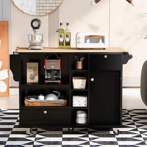 Zeus Black Kitchen Island Cart with Wood Top and Open Storage Microwave Oven Cabinet