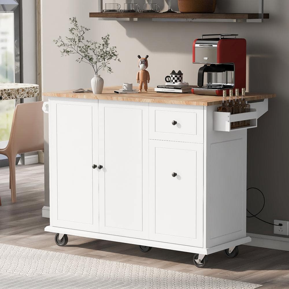 OLUMAT White Rubber Wood 54 in. Kitchen Island with Spice Rack and ...