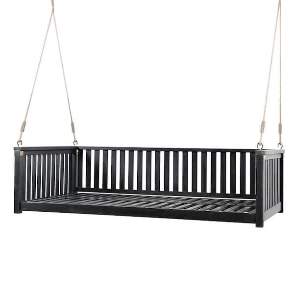 Black Acacia Wood Hemp Rope Patio Outdoor Porch Swing Bed, Porch Swing with Ropes for Backyard, Safe Sloped Design