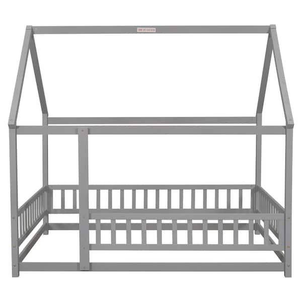 Full Floor Bed Frame for Toddler, Montessori Floor Bed with Fence and Wood  Slats, Low Wood Platform Beds for Girls Boys Kids Happy Time, Gray 