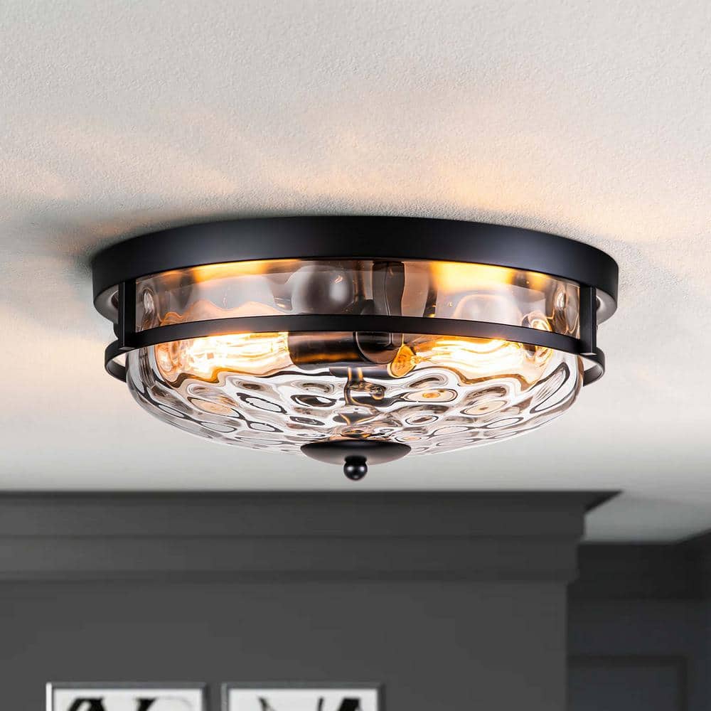 Millikin 13 in. 2-Light Black Flush Mount Industrial Farmhouse Water Stone Glass price history on PriceWatchPro