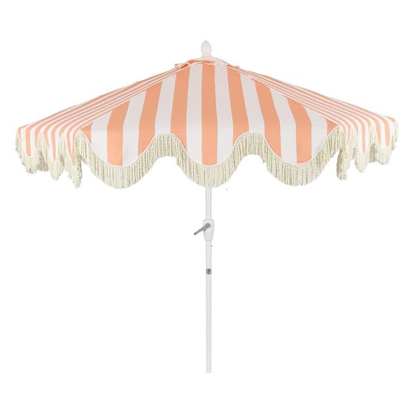 Collins 9 ft. Classic Cottage Fringe Tassel Market Patio Umbrella in Coral Pink and White Stripe/Cream, White Pole