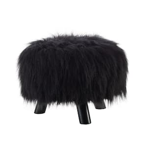 Daisy Black Faux Fur Polyester Round Accent 16 in. Ottoman