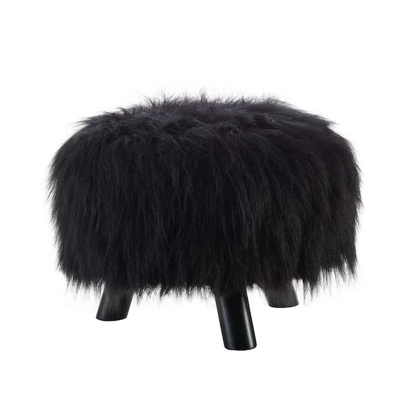 Linon Home Decor Daisy Black Faux Fur Polyester Round Accent 16 in. Ottoman