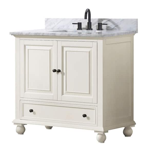 Thompson 37 in. Single Sink French White Bath Vanity with Carrara White Marble Top
