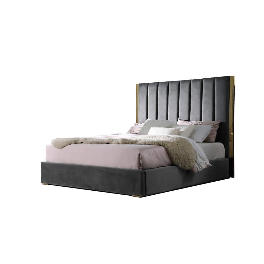 Jalen King Dark Gray Velvet Upholstered Platform Bed with Gold Accents