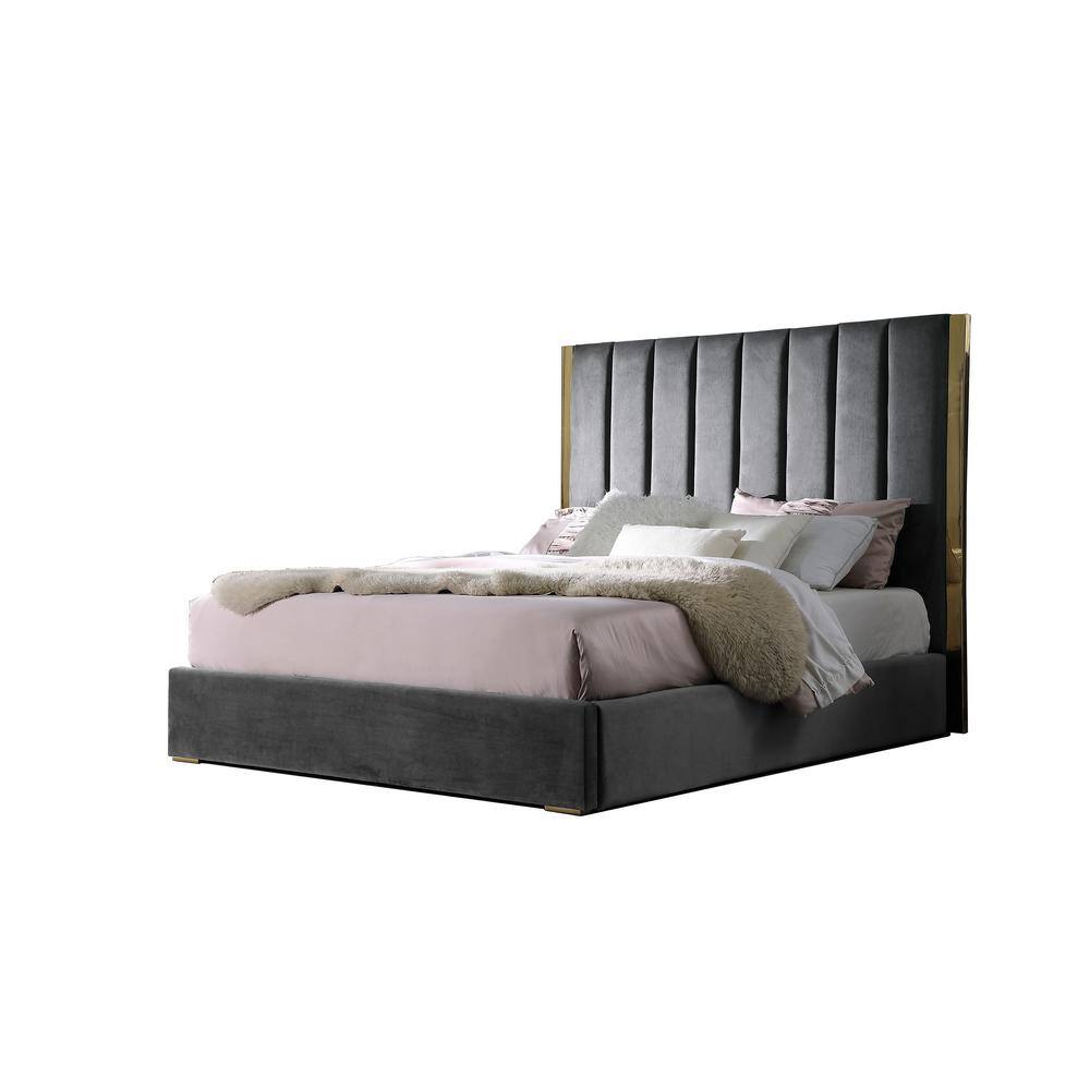 Luxurious Dark Gray Velvet Queen Bed with Gold Metal Accents