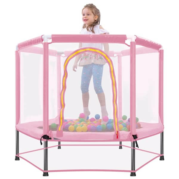 Pink 55 in.Toddlers Trampoline with Safety Enclosure Net and Balls Indoor Outdoor Mini Trampoline for Kids KIKIO202861 The Home Depot