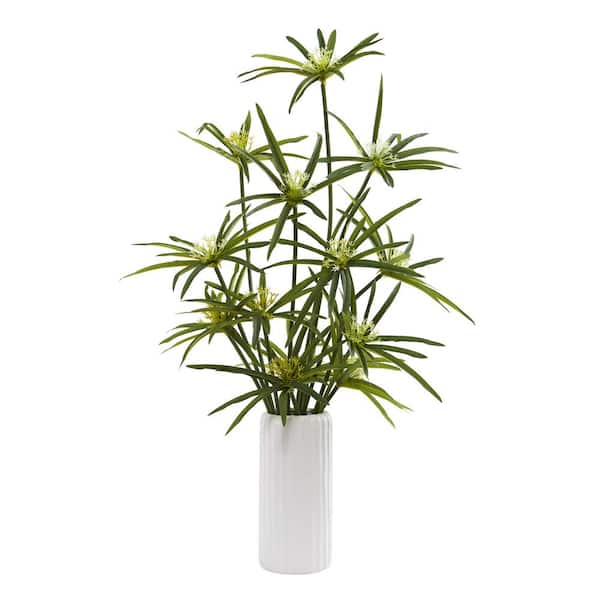 Nearly Natural 24 in. Green Artificial Cyperus Plant in White Planter