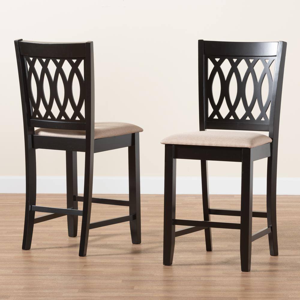 Florencia Beige Fabric and Espresso Brown Wood Counter Stool Set