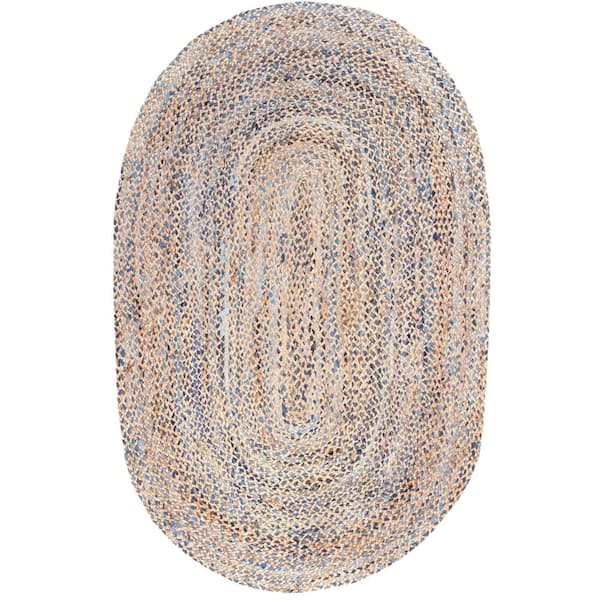 nuLOOM Eliz Striped Farmhouse Jute Blue 5 ft. x 8 ft. Oval Rug