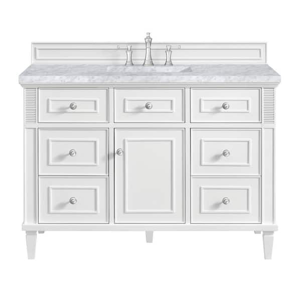 James Martin Vanities Lorelai 48.0 in. W x 23.5 in. D x 34.06 in. H Single Bathroom Vanity in Bright White with Carrara White Marble Top