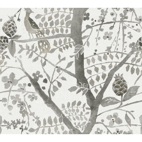 60.75 sq.ft. Gray Peacock Block Print Wallpaper