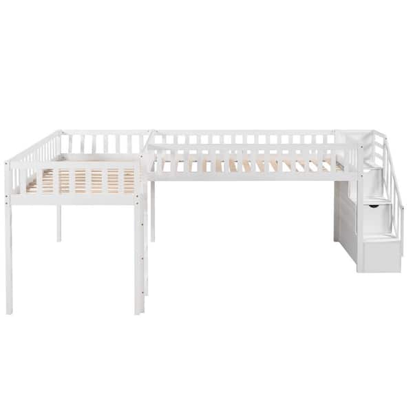 ANBAZAR White L Shape Wood Kids Loft Beds with Staircases and Ladder, Double Twin Loft Beds Frame with Drawers for 2 Kids