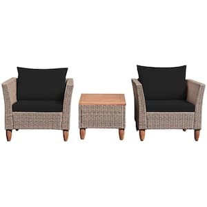 3-Piece PE Wicker Outdoor Patio Conversation Sofa Set with Black Cushions