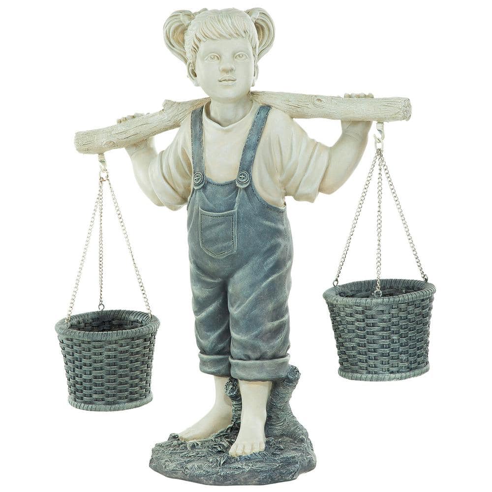 Large Off-White Resin Little Girl Garden Statue with Faux Woven Baskets