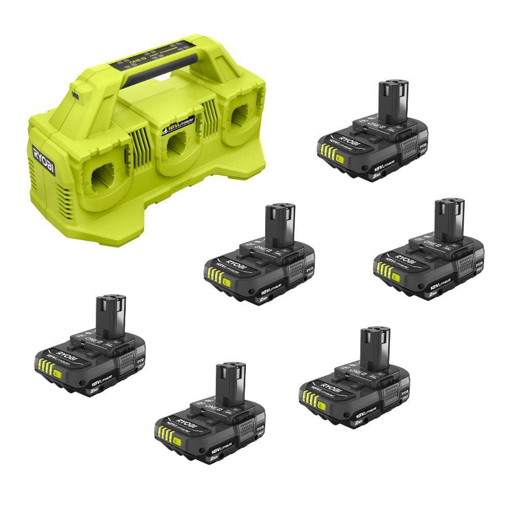 RYOBI ONE+ 18V Lithium-Ion 2.0 Ah Compact Battery (6-Pack) with 6-Port Charger -  PBP20063-PCG006