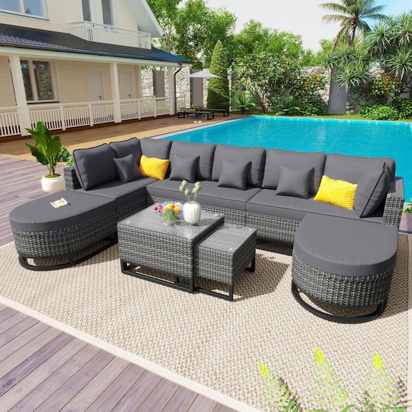 Sudzendf 7-Piece Wicker Patio Conservation Set with Gray Cushions, Coffee Table and Pillows for Garden and Deck
