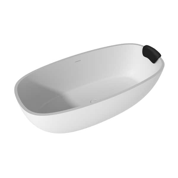 71 in. x 22 in. Solid Surface Stone Free Standing Tub Soaking Bathtub in White with Black Bathtub Pillow