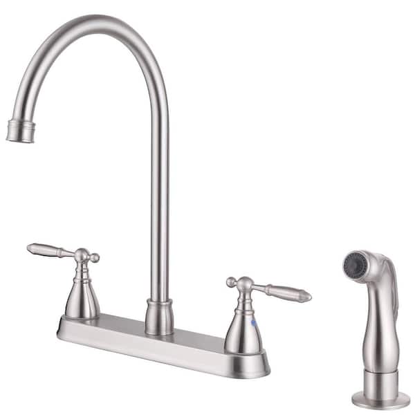 2-Handles Deck Mount 8 Inch Centerset Standard Kitchen Faucet with Side Sprayer 3 Hole or 4 Hole in Brushed Nickel