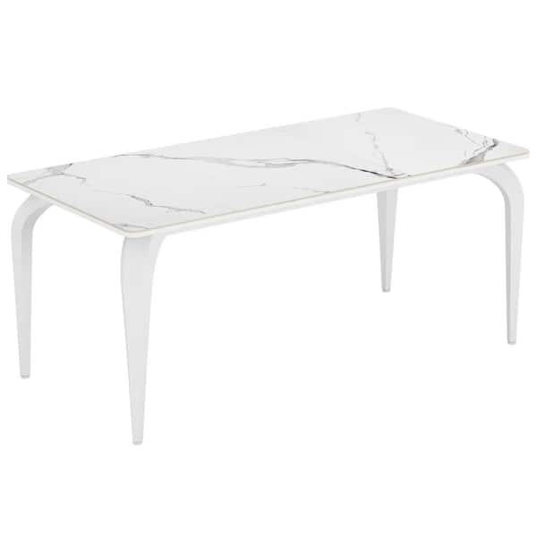 BYBLIGHT Moronia 63 in. Luxury White Sintered Stone 4-Legs Dining Table for 6 People