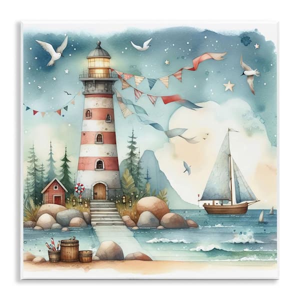 Stupell Industries Whimsical Lighthouse & Birds by LSR Design Studio Unframed Coastal Graphic Art Print 12 in. x 12 in.