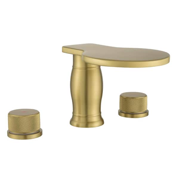 FORCLOVER Double Handle Deck-Mount Waterfall Roman Tub Faucet with Circular Arc Design Faucet in Brushed Gold